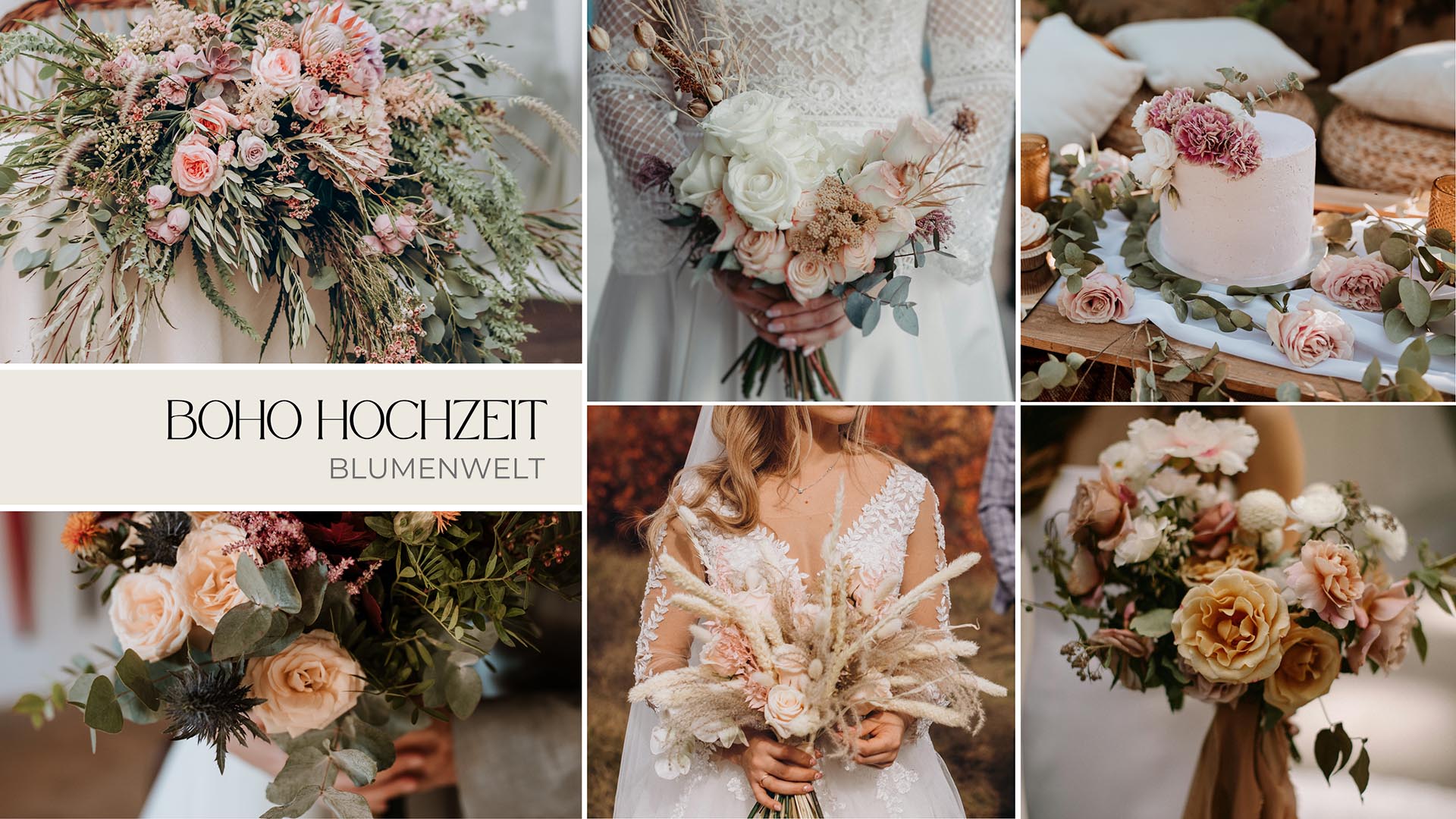 Lockere Boho-Blumenarrangements mit Rosen, Dahlien und Gräsern