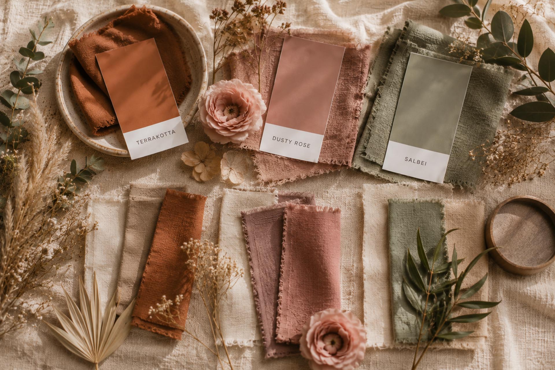 Boho-Akzentfarben Terrakotta, Dusty Rose und Salbeigrün in Blumen und Stoffen