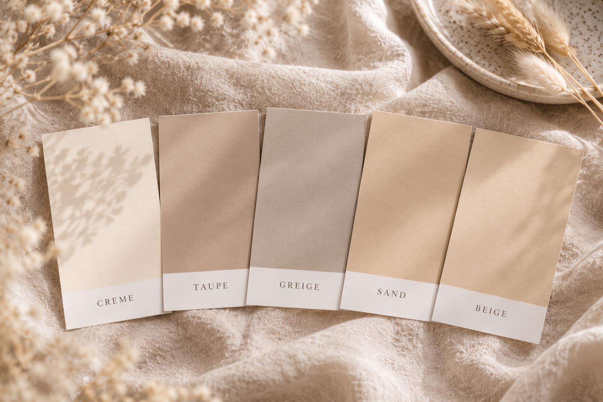 Boho-Farbpalette mit Stoffmustern, Keramik, Blumen und Farbkarten in Naturtönen