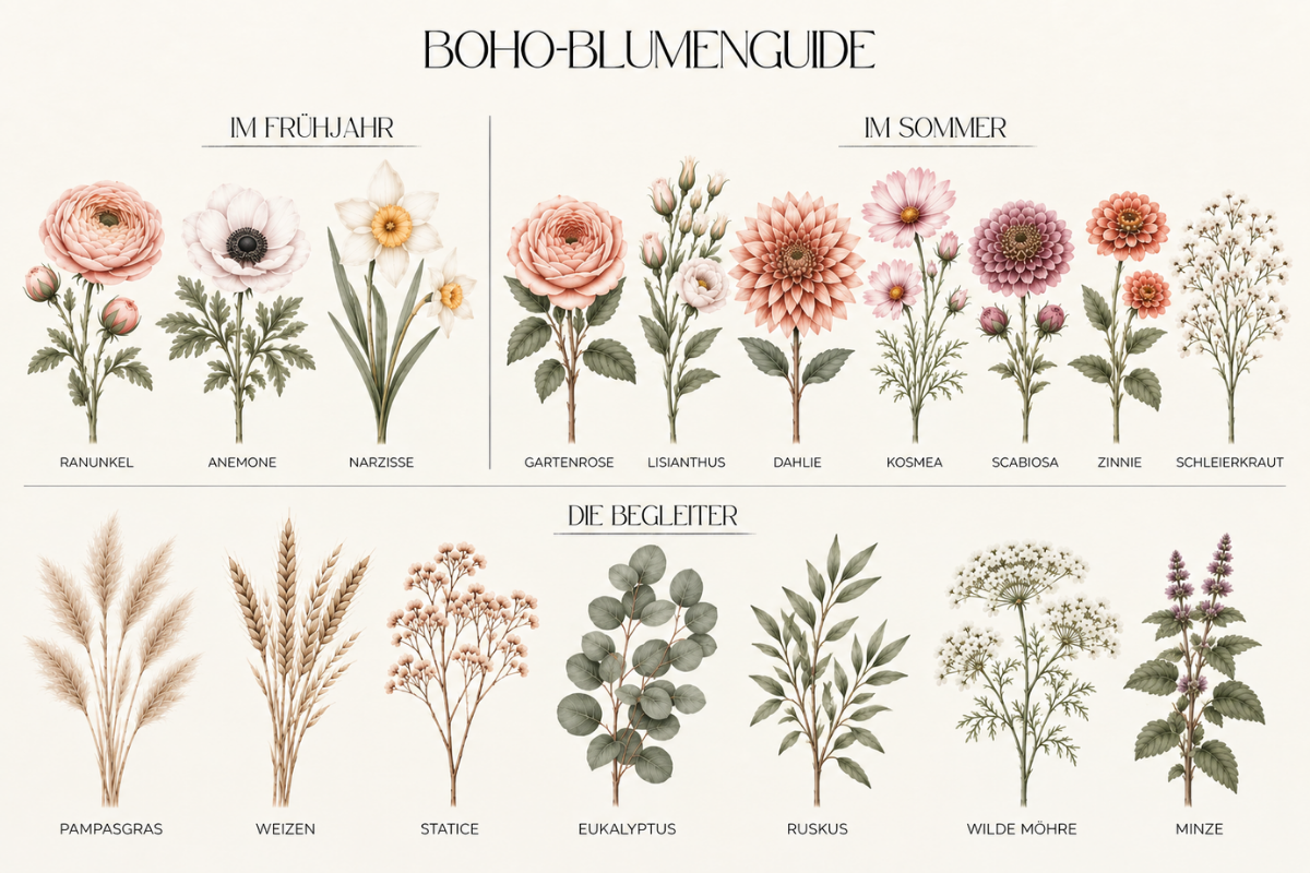 Botanischer Boho-Blumenguide mit Illustrationen von Ranunkel, Anemone, Narzisse und Schleierkraut im Frühjahr, Gartenrose, Lisianthus, Dahlie, Kosmea, Scabiosa und Zinnie im Sommer sowie Pampasgras, Weizen, Statice, Eukalyptus, Ruskus, Wilder Möhre und Minze als Begleitgrün