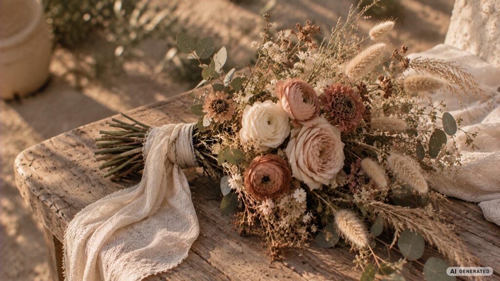 Boho-Brautstrauß mit Rosen in Nude-Tönen, Trockenblumen und Lagurus-Gras