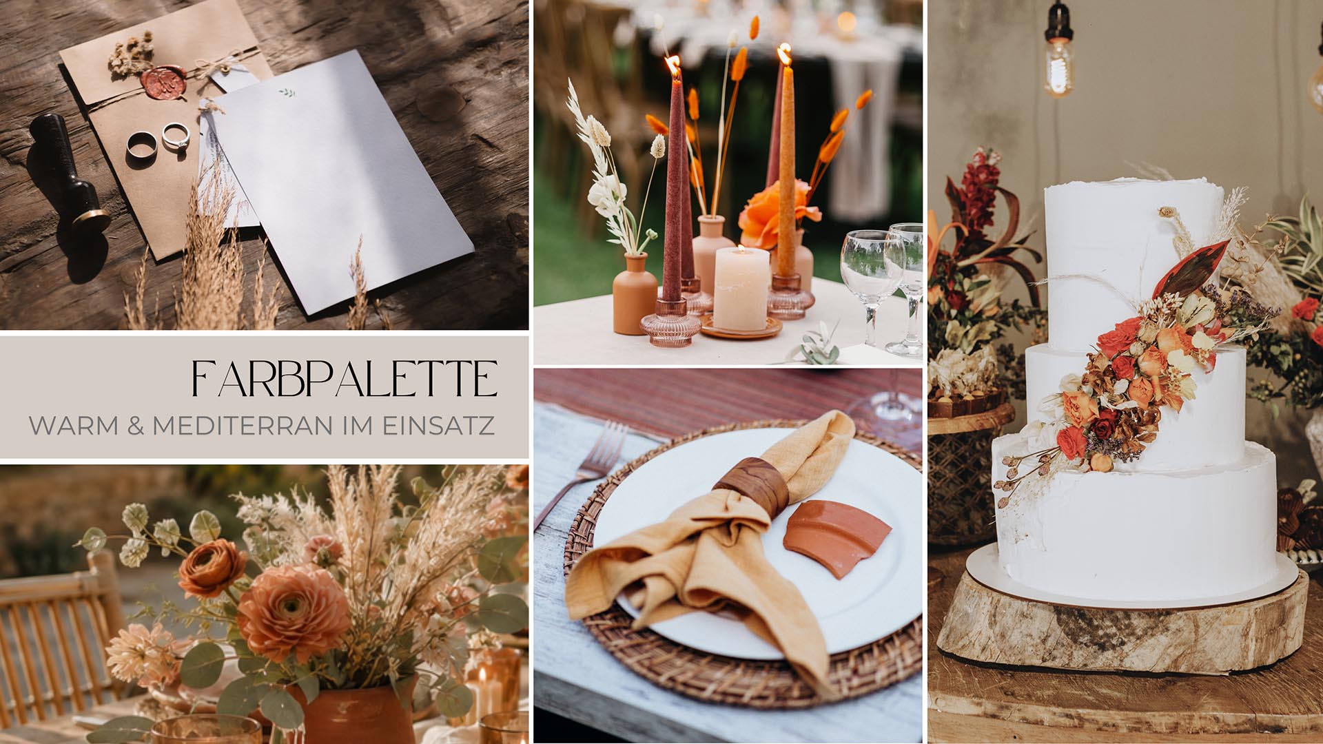 Boho Hochzeit Collage mit warmer Farbpalette in Terrakotta, Rost und Sand, umgesetzt in Blumen, Kerzen, Papeterie, Tischdeko und Hochzeitstorte.