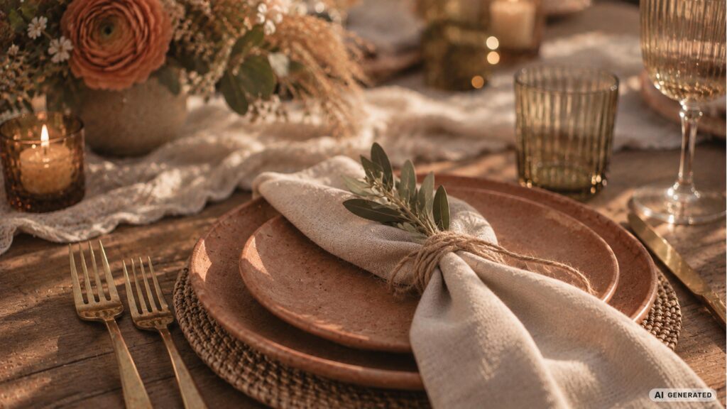 Boho Hochzeit Tischdeko mit Terrakotta-Geschirr, Leinenserviette, Rattan-Platzset, goldfarbenem Besteck und natürlichen Blumen in warmen Erdtönen.