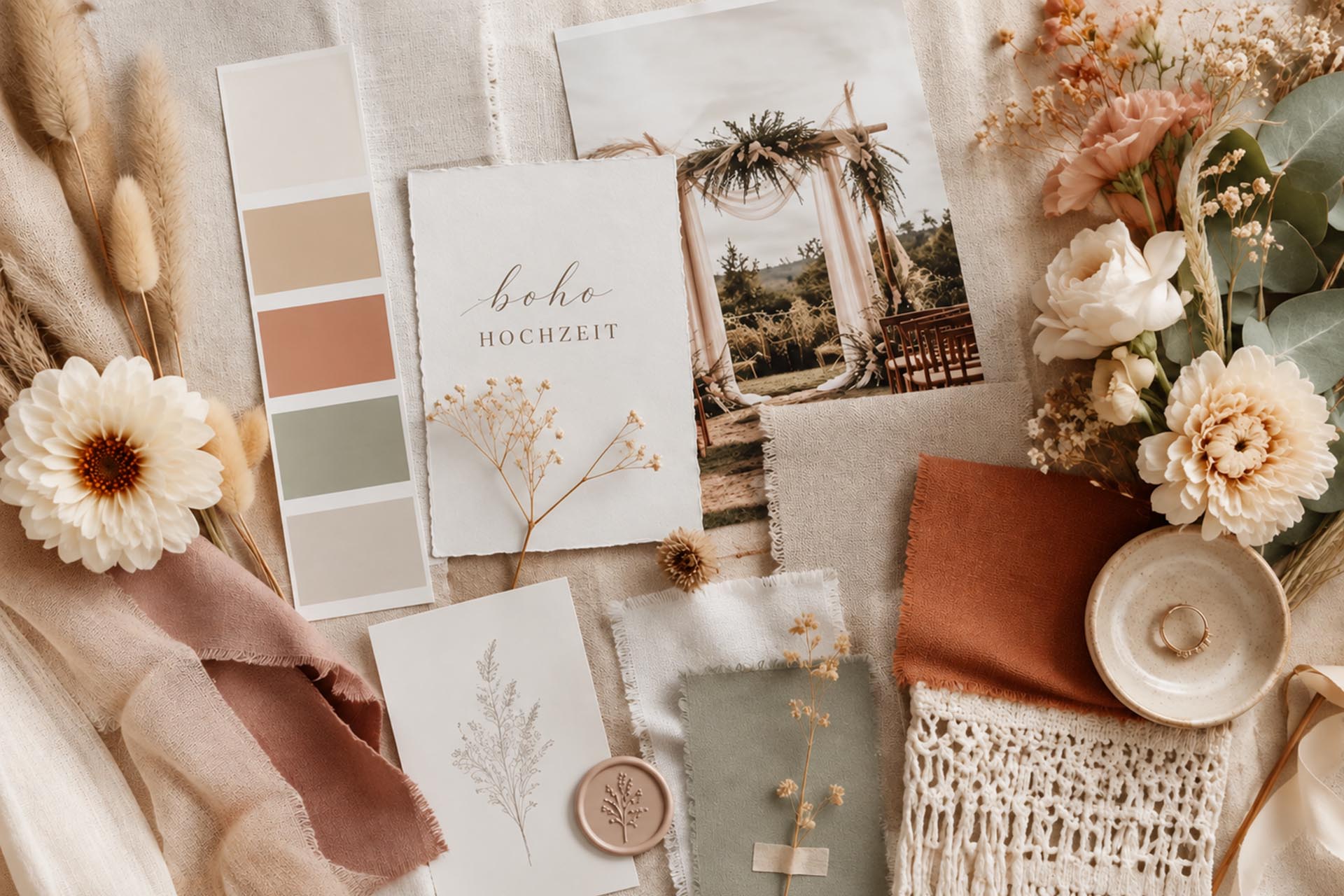 Boho-Farbpalette mit Stoffmustern, Keramik und Farbchips in Creme, Terrakotta und Salbeigrün