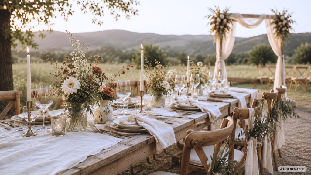 Boho Hochzeit im Freien mit rustikaler Holztischtafel, Leinentextilien, Kerzen, natürlichen Blumen und Traubogen in ländlicher Kulisse.