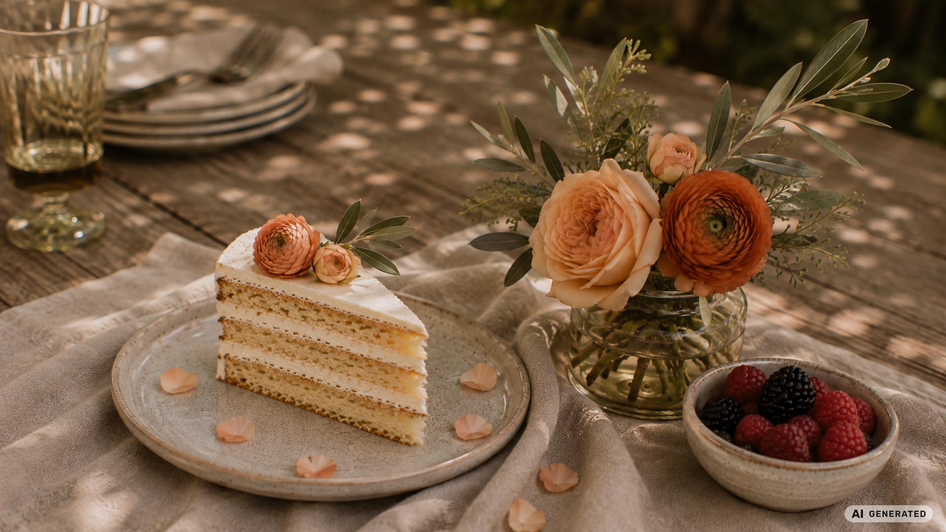 Hochzeitstorte mit Terrakotta-Ranunkeln, Salbei und Apricot-Rosen im Gartenhochzeit-Stil