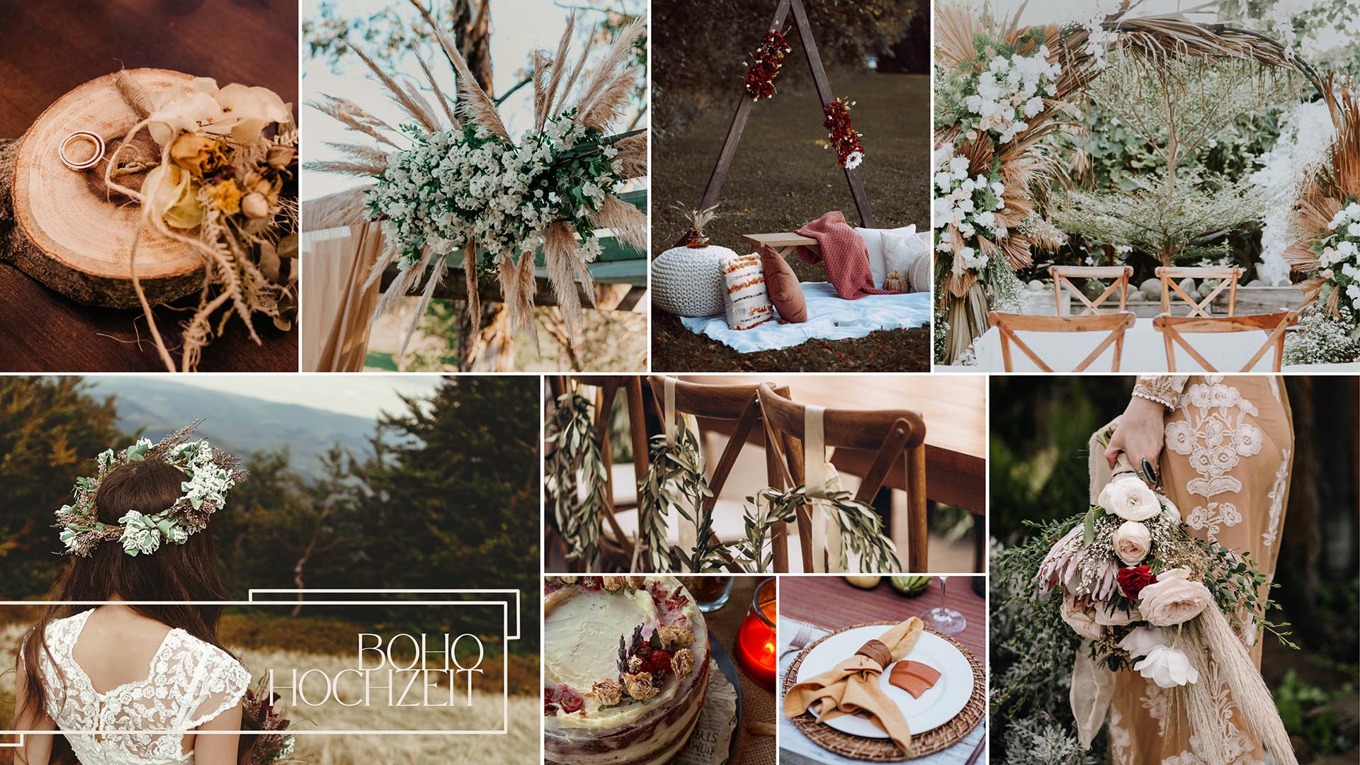 Moodboard-Collage für ein Boho-Hochzeitskonzept mit Naturtönen, Trockenblumen und Leinenstoffen