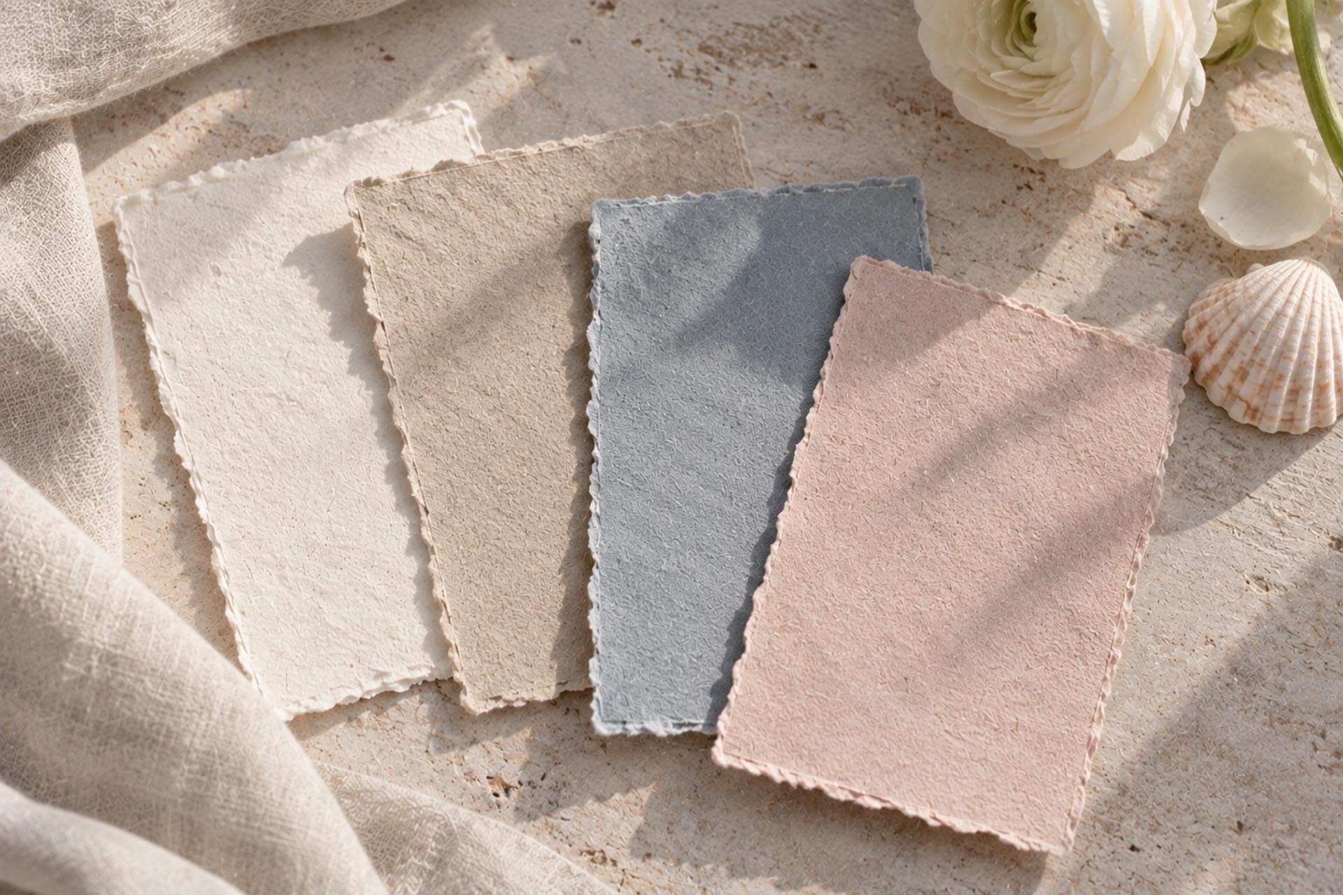 Coastal Wedding Farbpallette, Variante 1: Sand + Creme + Dusty Blue + Muschelrosa