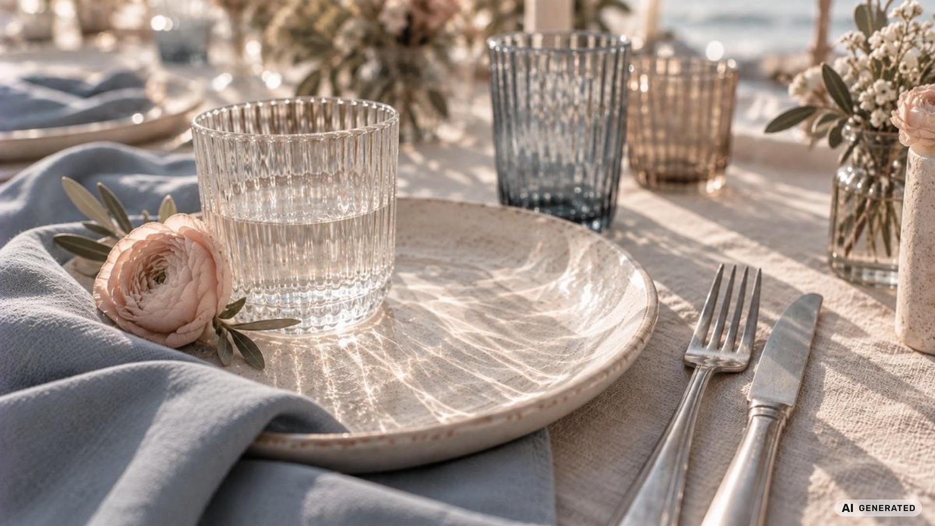 Gedeckter Tisch im Coastal-Stil mit geriffelten Gläsern in Klar, Blau und Bernstein, cremefarbenem Keramikteller und rosa Ranunkel am Stran