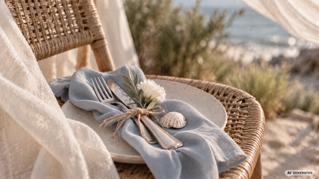 Coastal Wedding Tischdeko mit Keramikteller, taubenblauer Leinenservierte, Muschel und gebundenem Besteck auf einem Rattanstuhl am Meer.