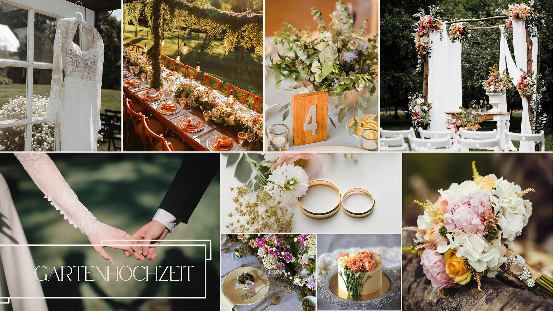 Gardenhochzeit Moodboard mit Blumen, Leinenstoffen und sommerlichen Farbakzenten