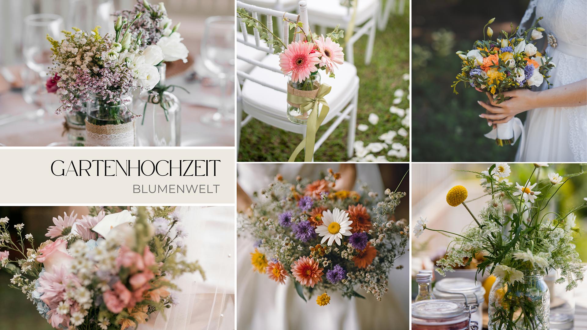 Locker gebundene Garden-Wedding-Blumenarrangements mit Dahlien, Rosen und Wiesenblumen
