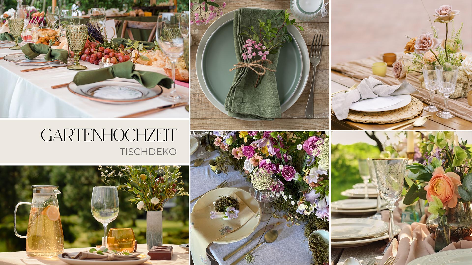 Gartenhochzeit-Tischdekoration mit Leinen, Keramik, Kerzen und getönten Gläsern