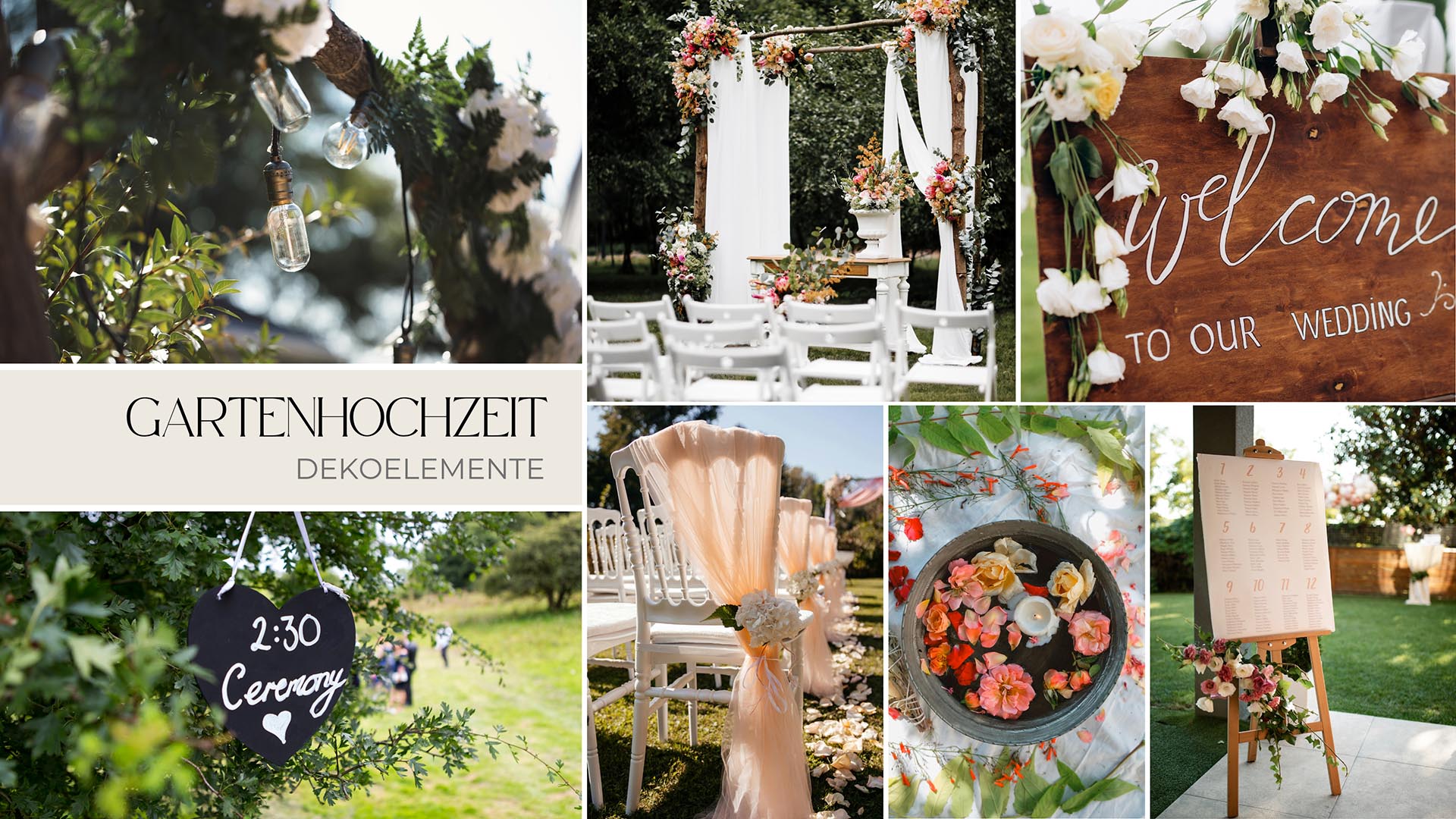 Deko-Details für eine Gartenhochzeit, Stoffband, Willkommensschild, Lichterkette, Blumendeko