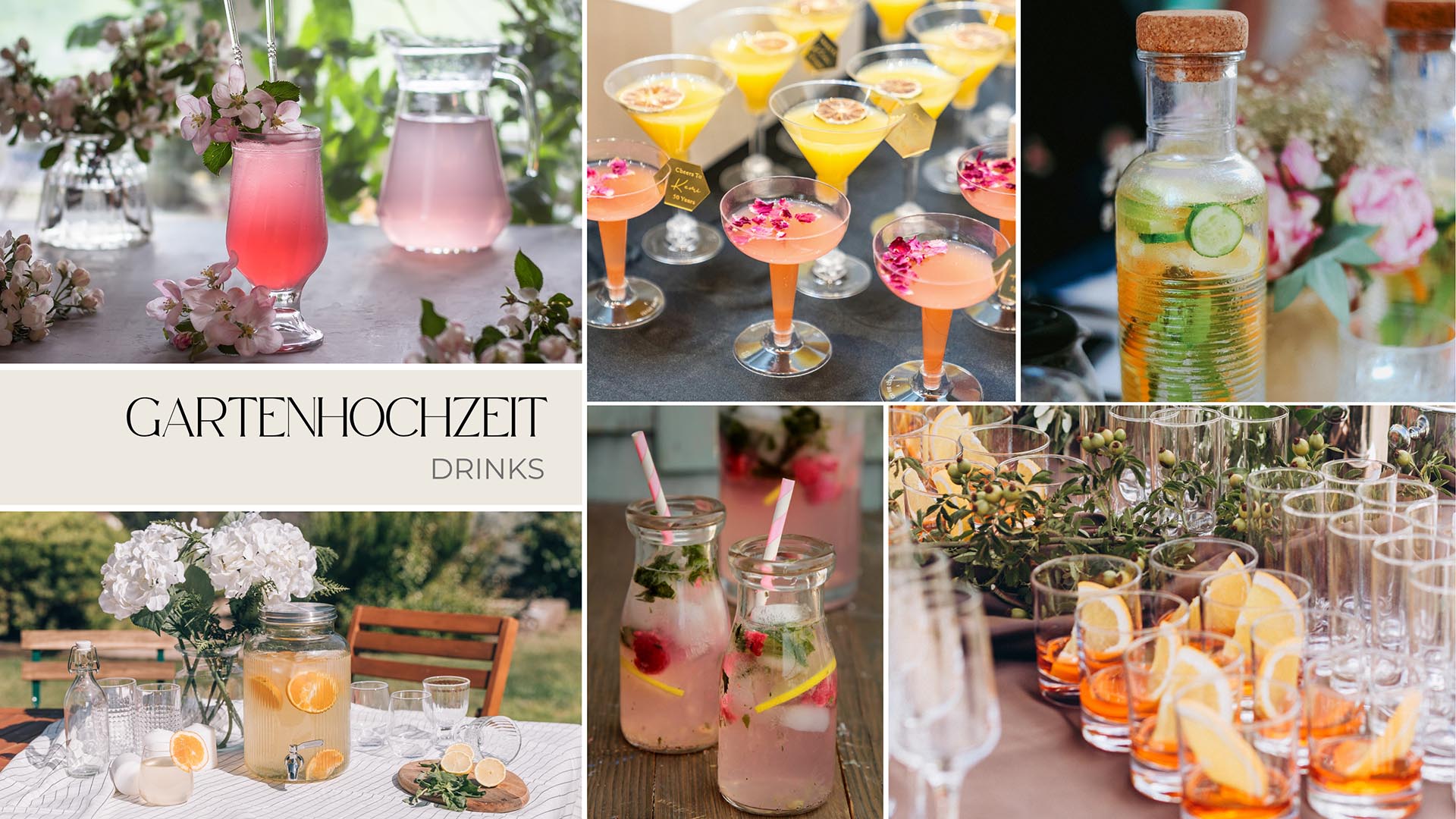Getränkestation für eine Gartenhochzeit mit Zitronenwasser, Limonade, Signature Drinks und unterschiedlichen Glasgefäßen