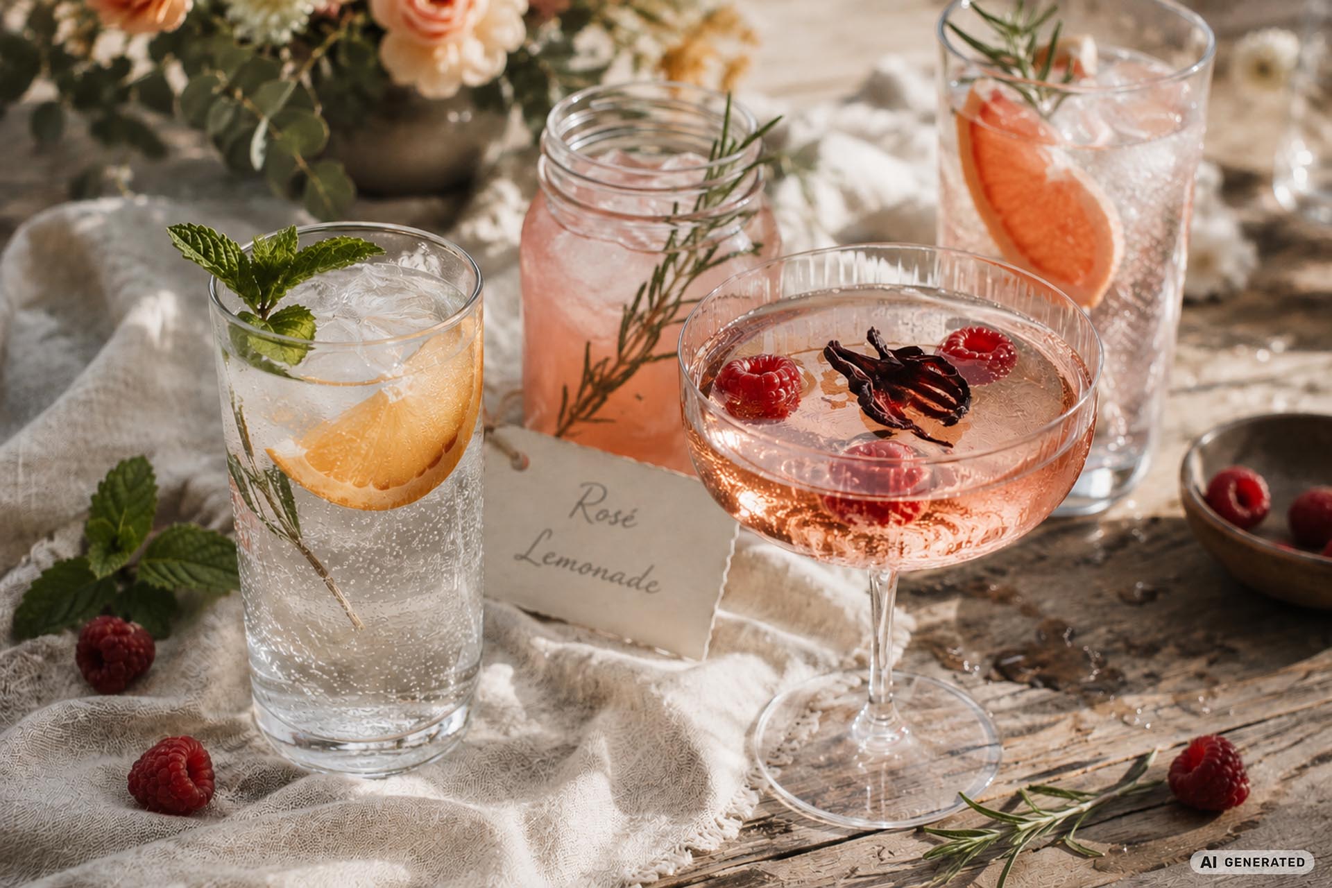 Farblich abgestimmte Cocktails und Getränke für eine Gartenhochzeit in Apricot und Dusty Rose