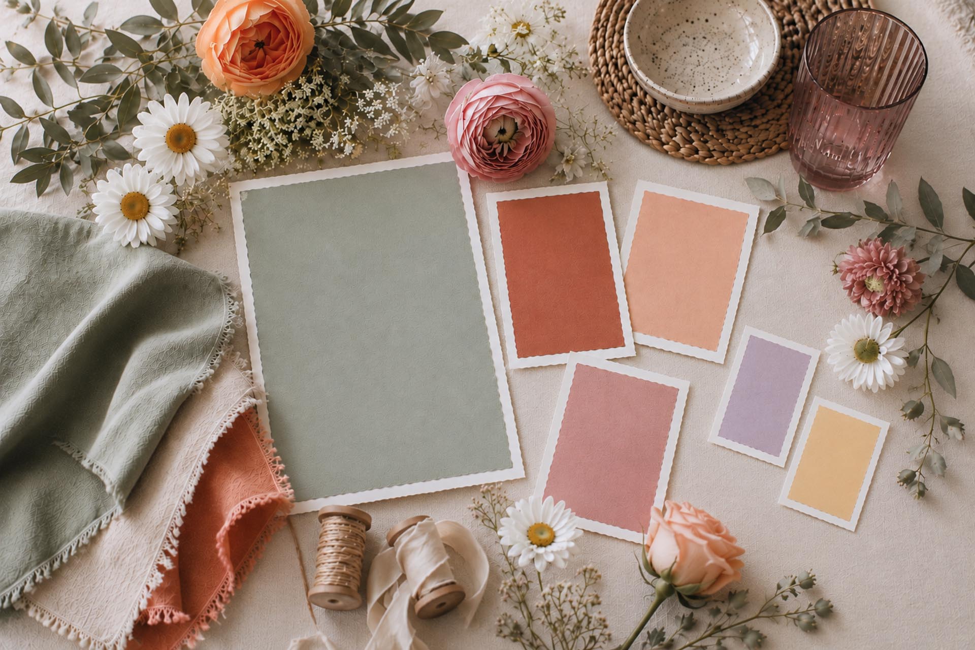 Gartenhochzeit-Farbpalette mit Salbeigrün als Basis sowie Terrakotta, Apricot und Dusty Rose als Akzenten