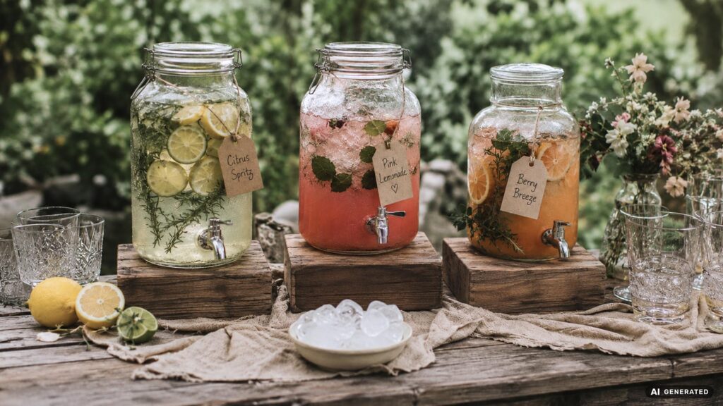 Gartenhochzeit Drinks: Erfrischende Getränkestation in Glasbehältern