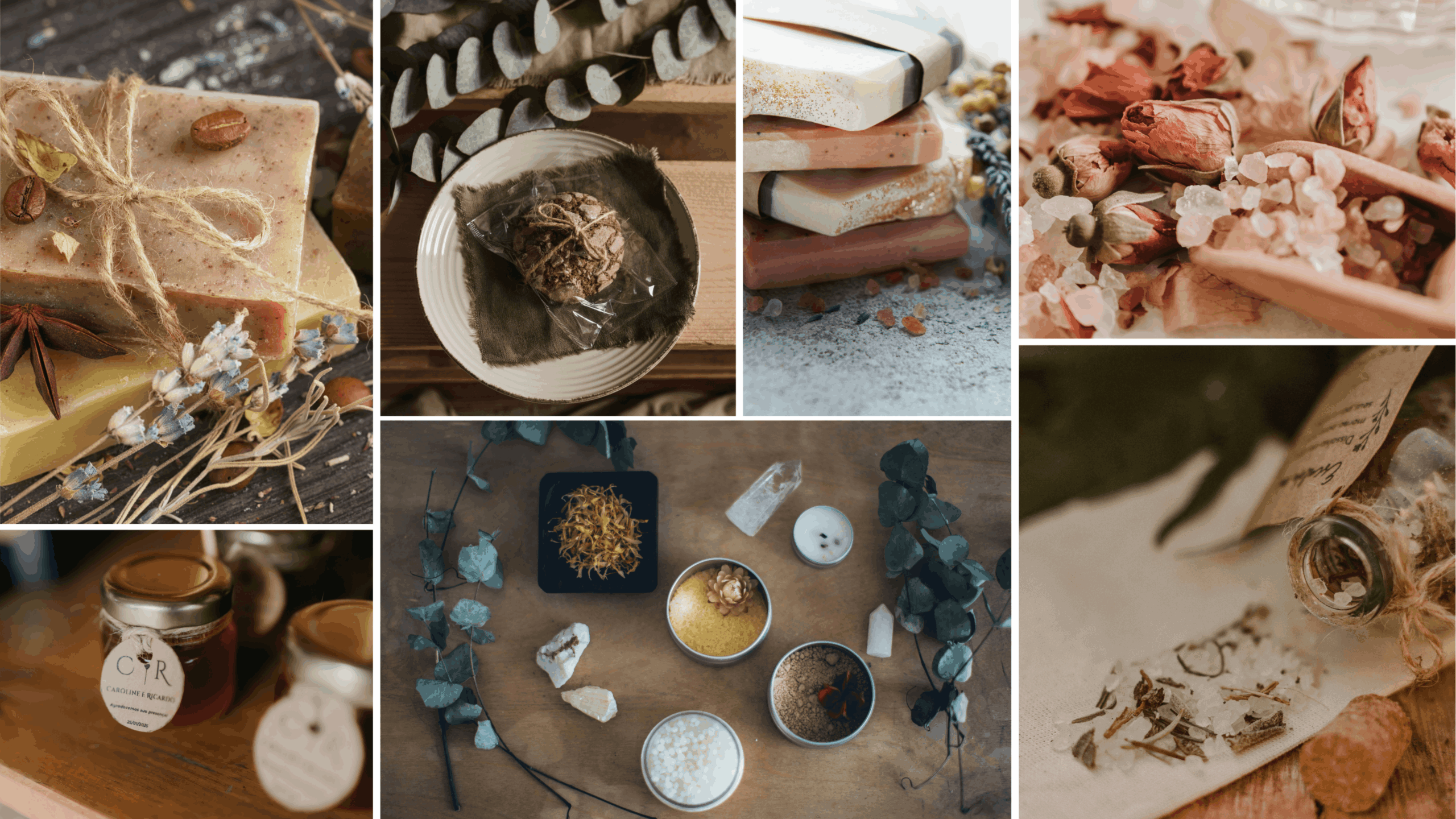 Boho-Gastgeschenke Collage: Naturseifen mit Jutegarn, Honiggläser und handgemachte Keks