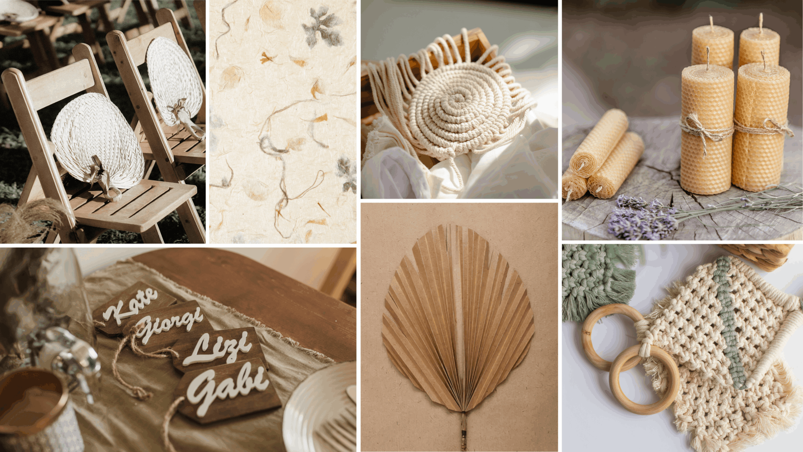 Boho-Gastgeschenke Collage: geflochtene Fächer, Makramee-Details, Bienenwachskerzen und Holz-Namenskärtchen