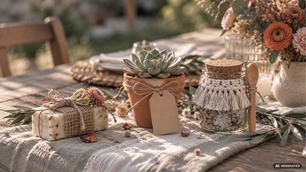 Boho-Tischdeko mit Gastgeschenken in Naturtönen, Kraftpapier und Jutegarn