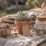 Boho-Tischdeko mit Gastgeschenken in Naturtönen, Kraftpapier und Jutegarn