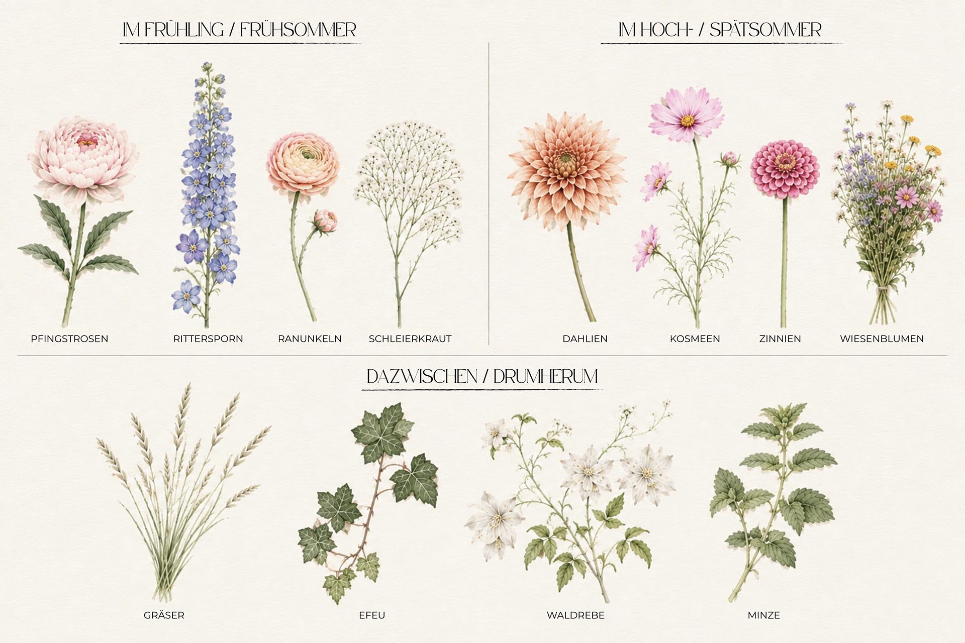 Saisonaler Blumen-Guide für Gartenhochzeiten mit Pfingstrosen, Dahlien, Rittersporn und Kosmeen
