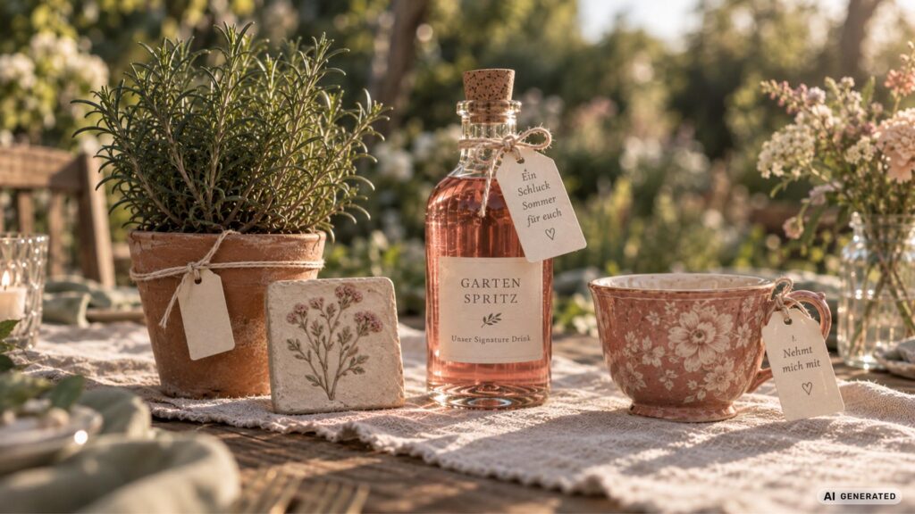 Gartenhochzeit Gastgeschenke auf einem Holztisch: Kräutertopf, botanische Keramik, abgefüllter Garten Spritz und eine Vintage-Tasse.
