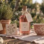 Gartenhochzeit Gastgeschenke auf einem Holztisch: Kräutertopf, botanische Keramik, abgefüllter Garten Spritz und eine Vintage-Tasse.