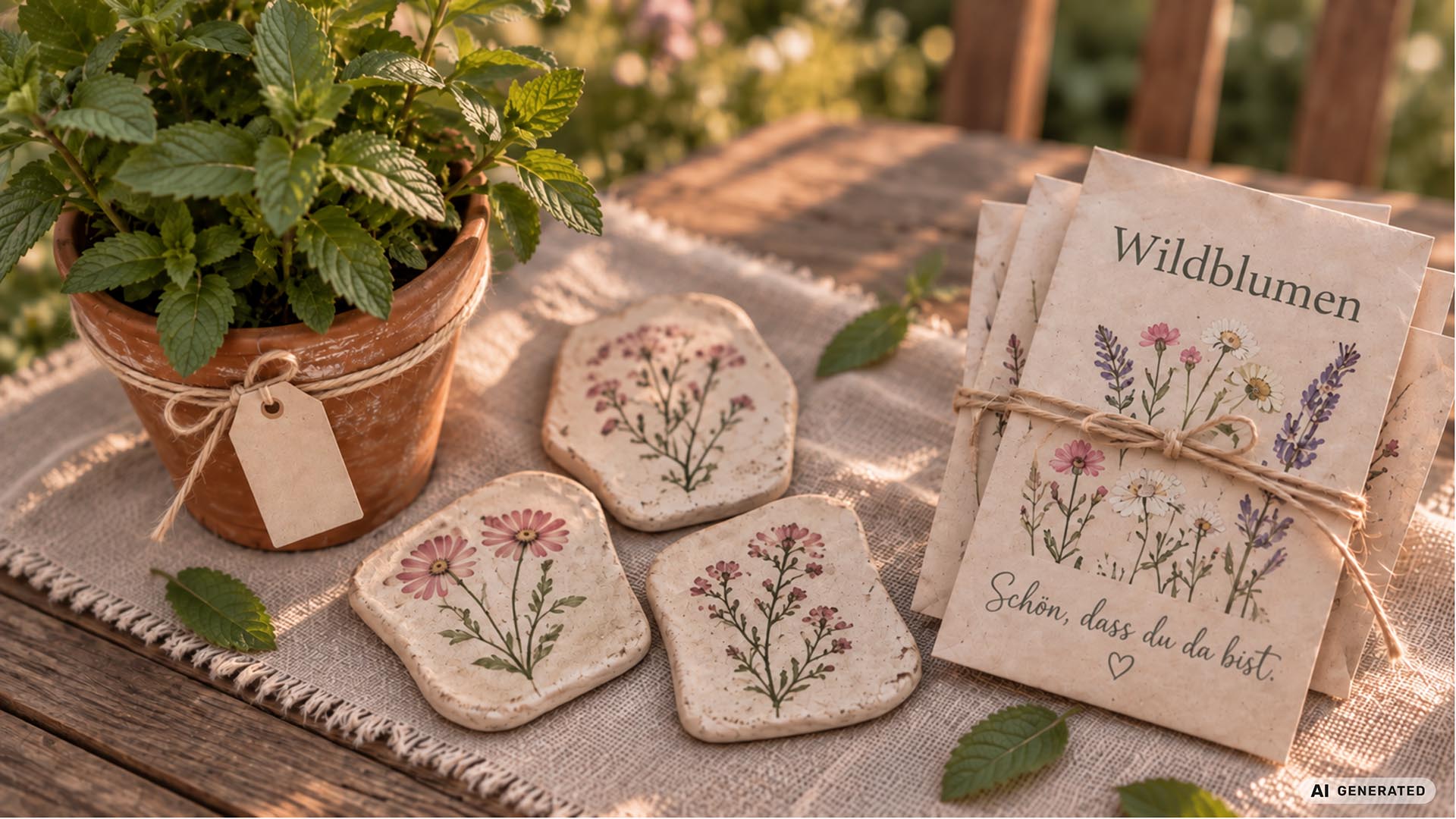 Gartenhochzeit Gastgeschenke mit einem Minztopf, drei Keramikfliesen mit Blumenmotiven und Wildblumensamen in Papierverpackungen.