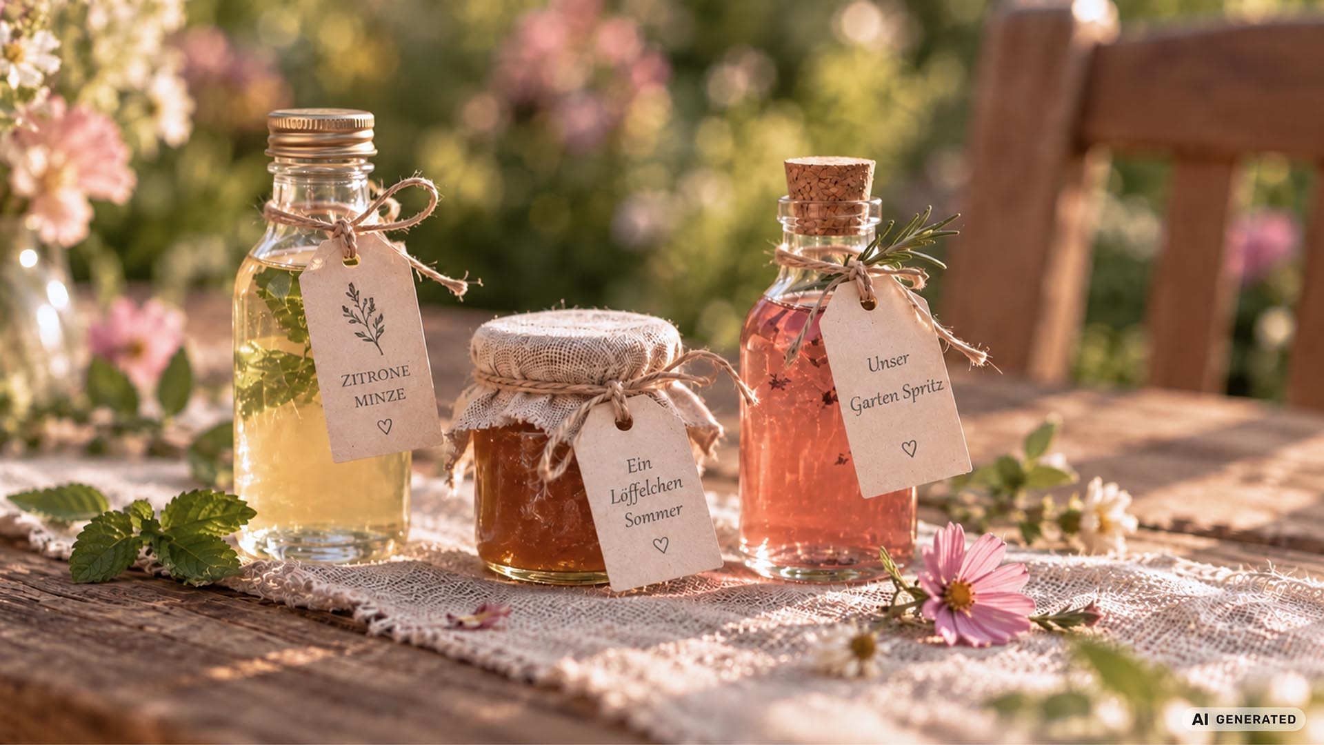 Gartenhochzeit Gastgeschenke zum Anstoßen: Fläschchen mit Zitrone-Minze-Sirup, Marmeladenglas und abgefüllter Garten Spritz mit Kraftpapier-Etiketten