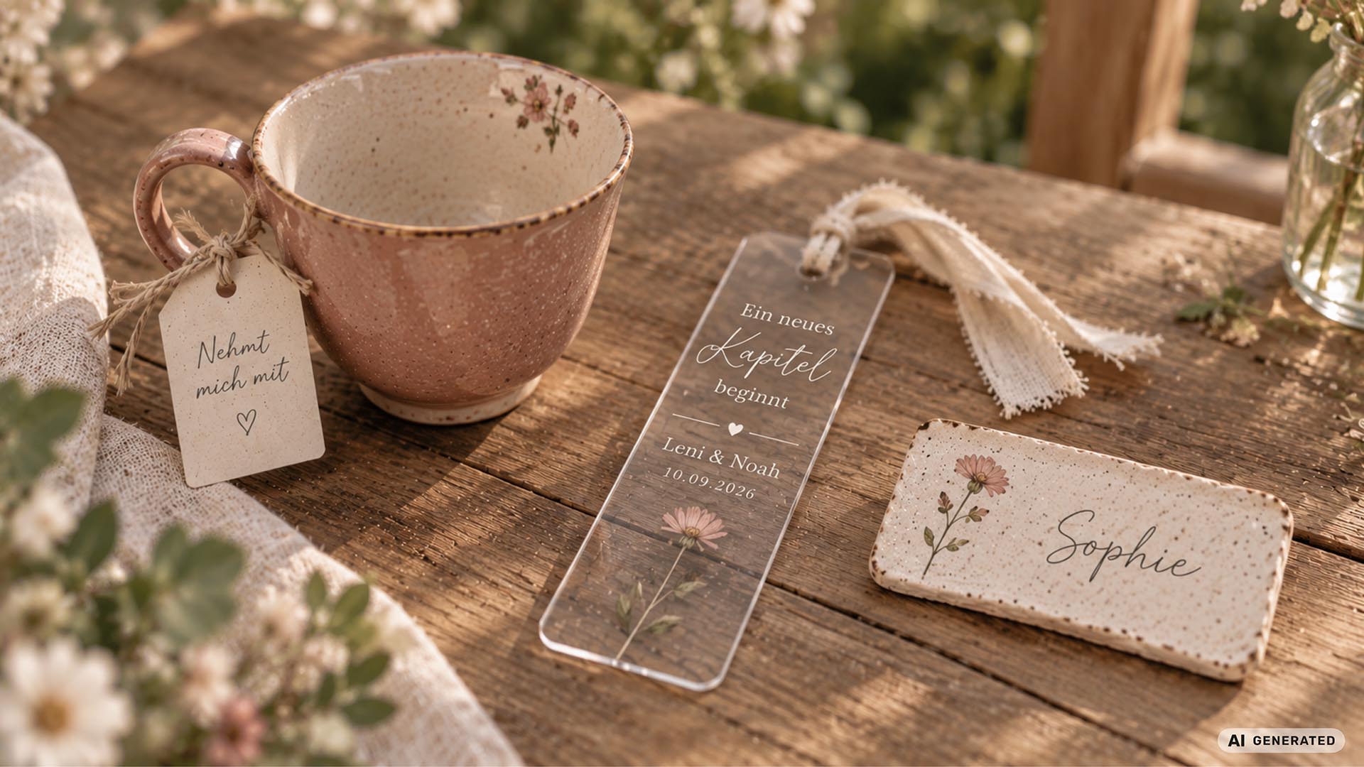 Gartenhochzeit Gastgeschenke persönlich und bleibend: Vintage-Teetasse mit Blumenmuster, personalisiertes Lesezeichen mit Namen und Datum sowie Keramik-Namensschild