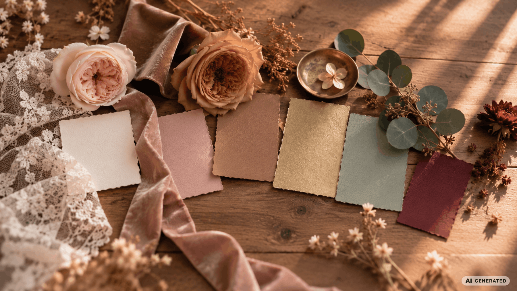 Farbmuster in Ivory, Dusty Pink, Karamell, Altgold, Salbeigrün und Burgund mit Rosen, Eukalyptus, Spitze und Samtband auf Holz