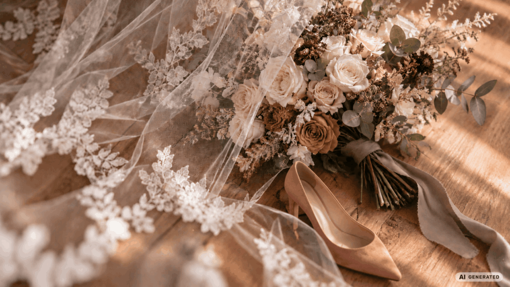 Spitzenschleier, Brautstrauß in Creme, Blush und Karamell und Blush-Pumps auf Holzboden, Rustic Romance Hochzeit