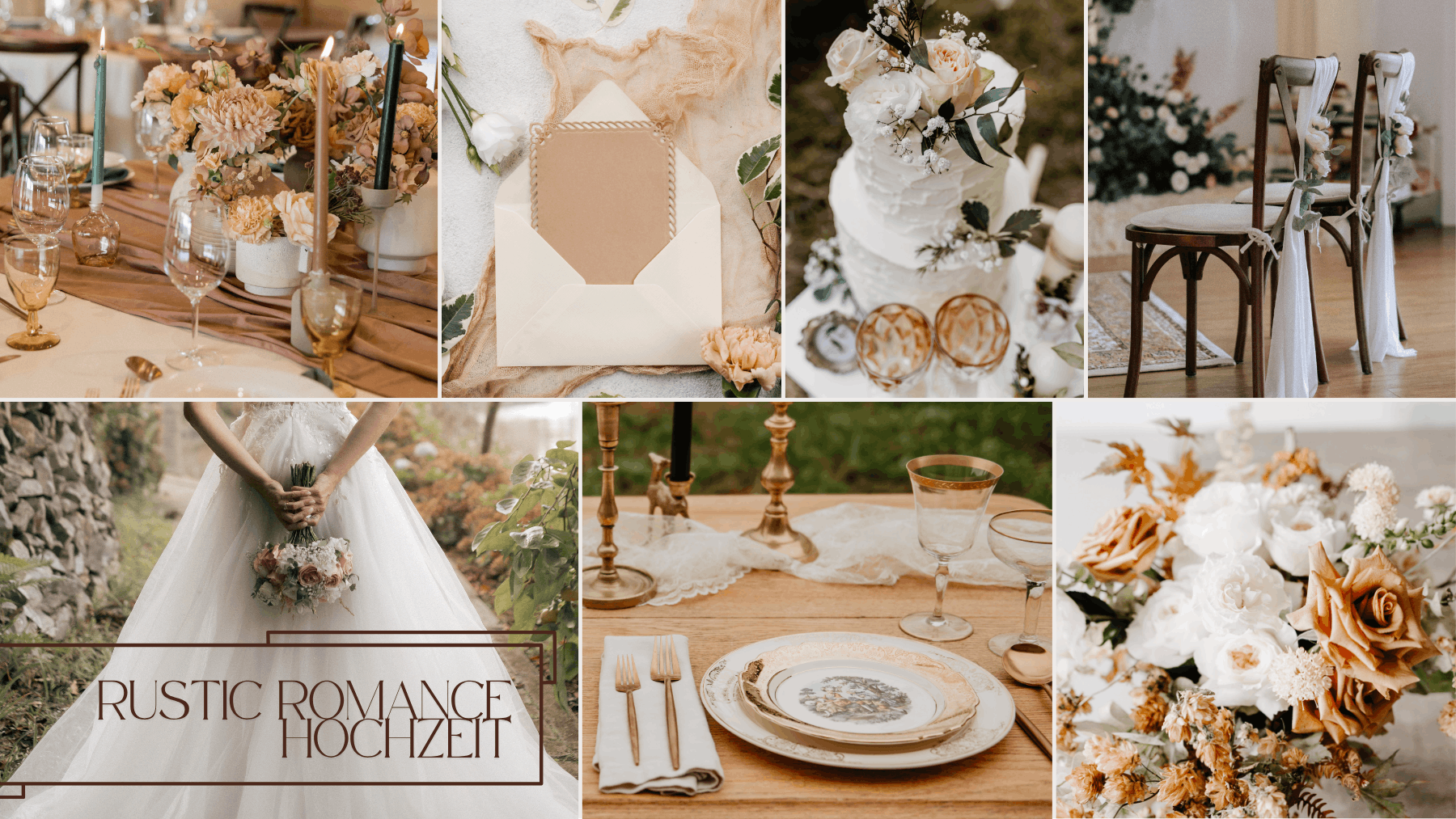 Moodboard zur Rustic Romance Hochzeit mit Braut vor Steinmauer, Kerzentisch, Vintage-Porzellan, Torte und Rosen in Karamell und Creme