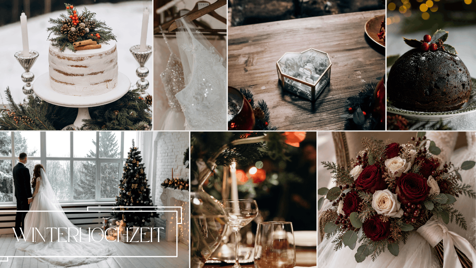Collage einer rustikalen Winterhochzeit mit Naked Cake, Christmas Pudding, Kerzen- und Glas-Bokeh, Brautpaar am Fenster, Brautkleid-Detail und Blumenstrauß.