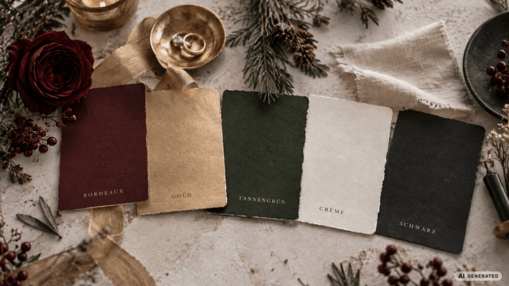 Fünf Farbkarten (Bordeaux, Gold, Tannengrün, Creme, Schwarz) umgeben von Rose, Ringschale, Tannenzweig, Leinenstoff und dunklem Teller.