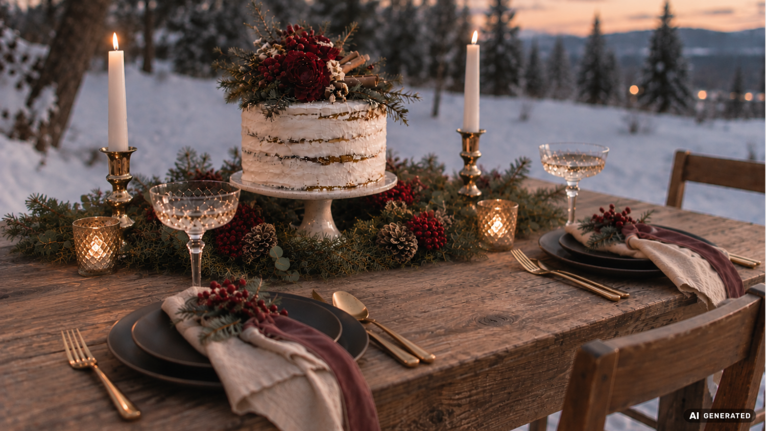 Winterlich gedeckte Tafel im Freien mit Naked Cake, goldenen Kerzenständern, kompakter Tannengirlande und zwei Gedecken in Bordeaux-Gold-Creme-Palette.